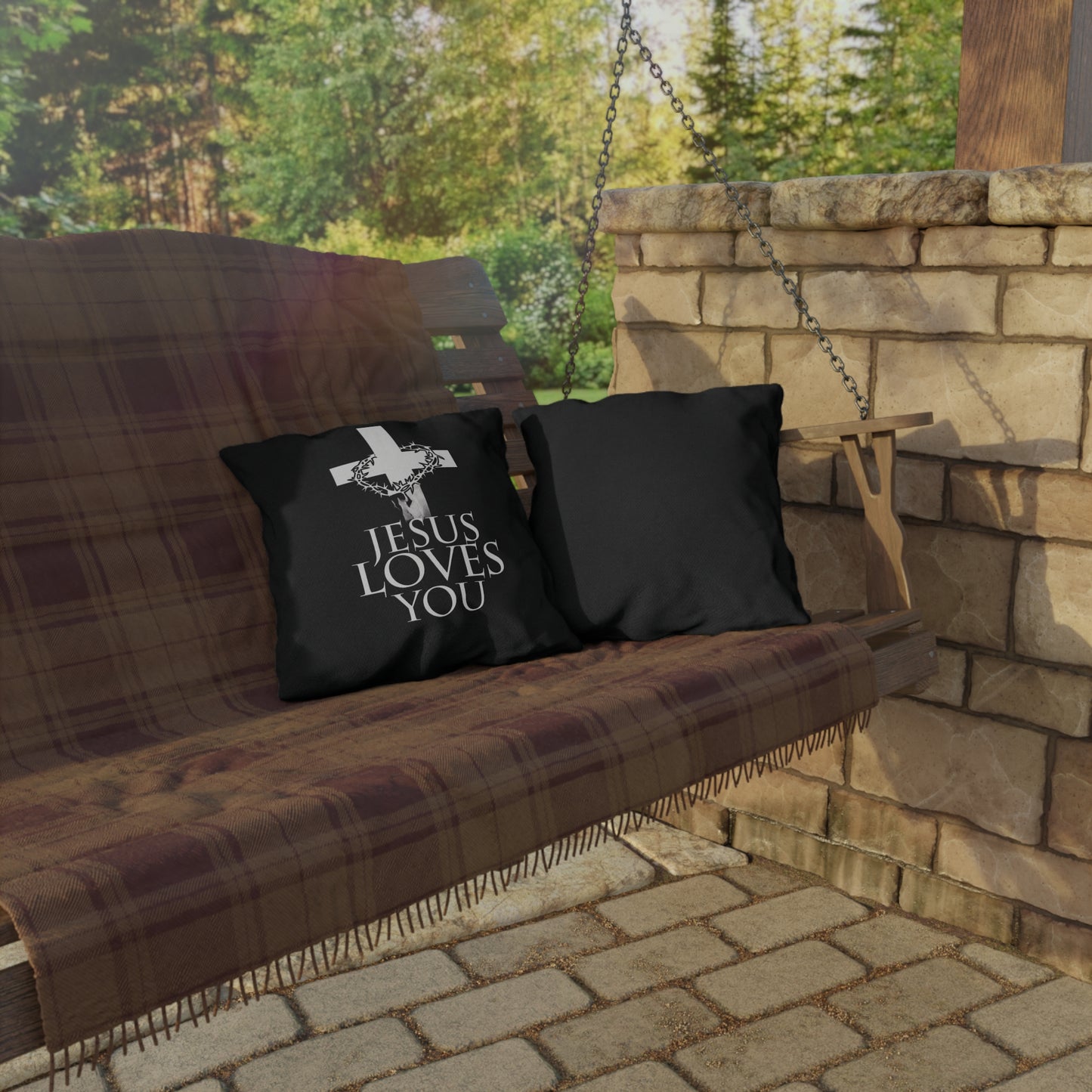 Christian Outdoor Pillow — 'Jesus Loves You' Cross & Crown of Thorns Accent Pillow