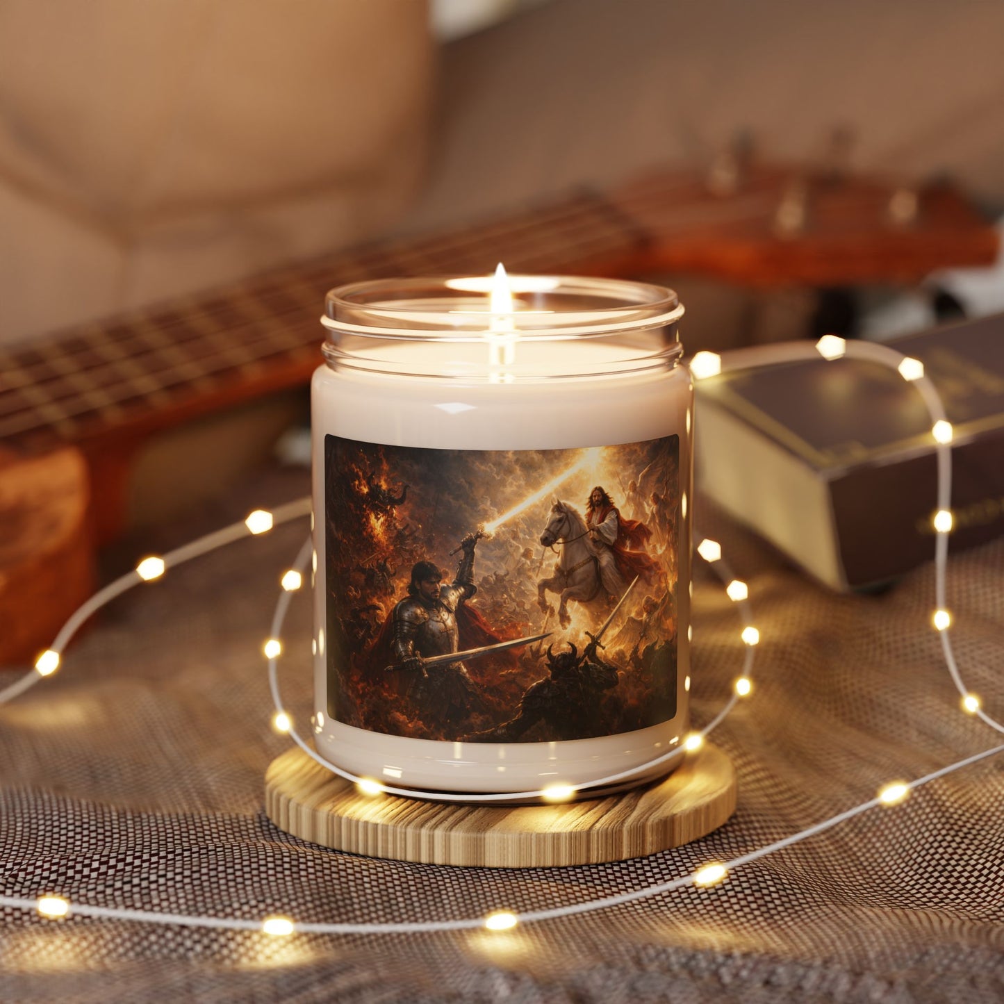 Epic Battle Soy Candle — Medieval Knight & Jesus Horse War Art, 9oz Scented Jar