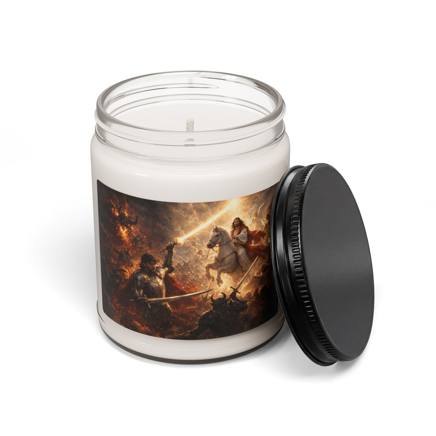 Epic Battle Soy Candle — Medieval Knight & Jesus Horse War Art, 9oz Scented Jar