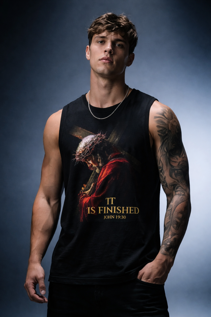It Is Finished | By His Wounds Black Sleeveless Tee | John 19:30 Christian