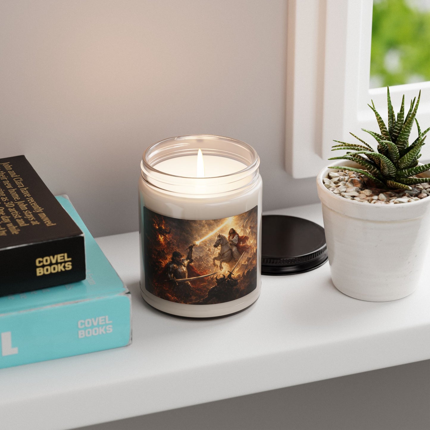 Epic Battle Soy Candle — Medieval Knight & Jesus Horse War Art, 9oz Scented Jar