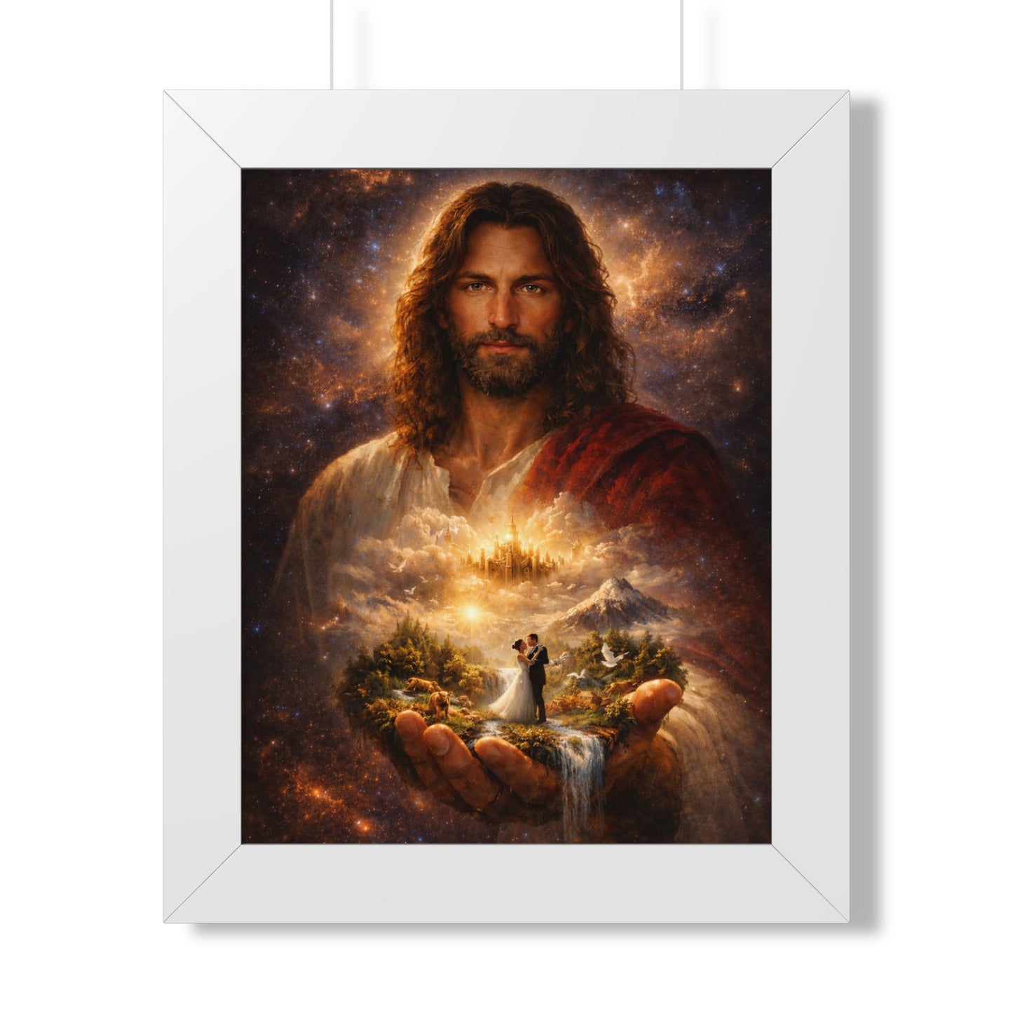 Framed Poster — Inspirational Jesus Portrait with ‘Bride & Grooms’ in Hands (Vertical)