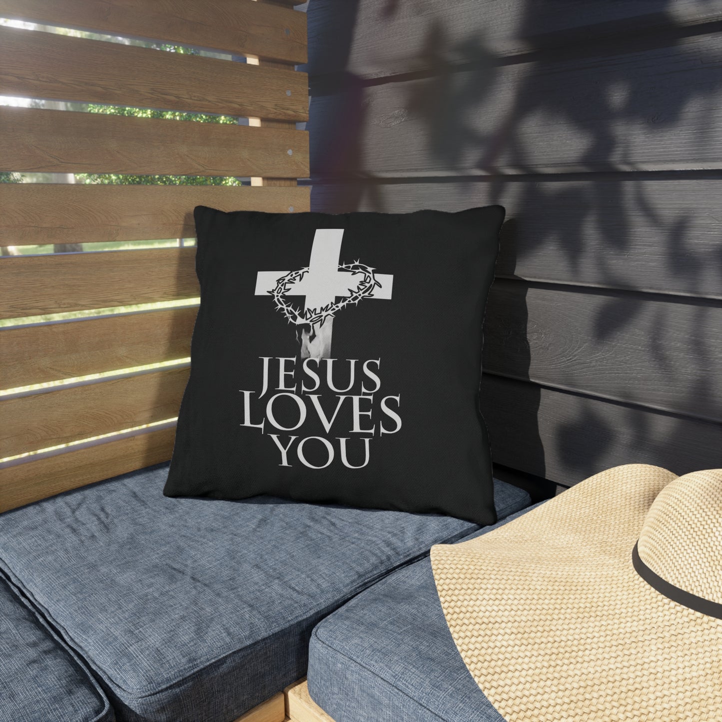 Christian Outdoor Pillow — 'Jesus Loves You' Cross & Crown of Thorns Accent Pillow