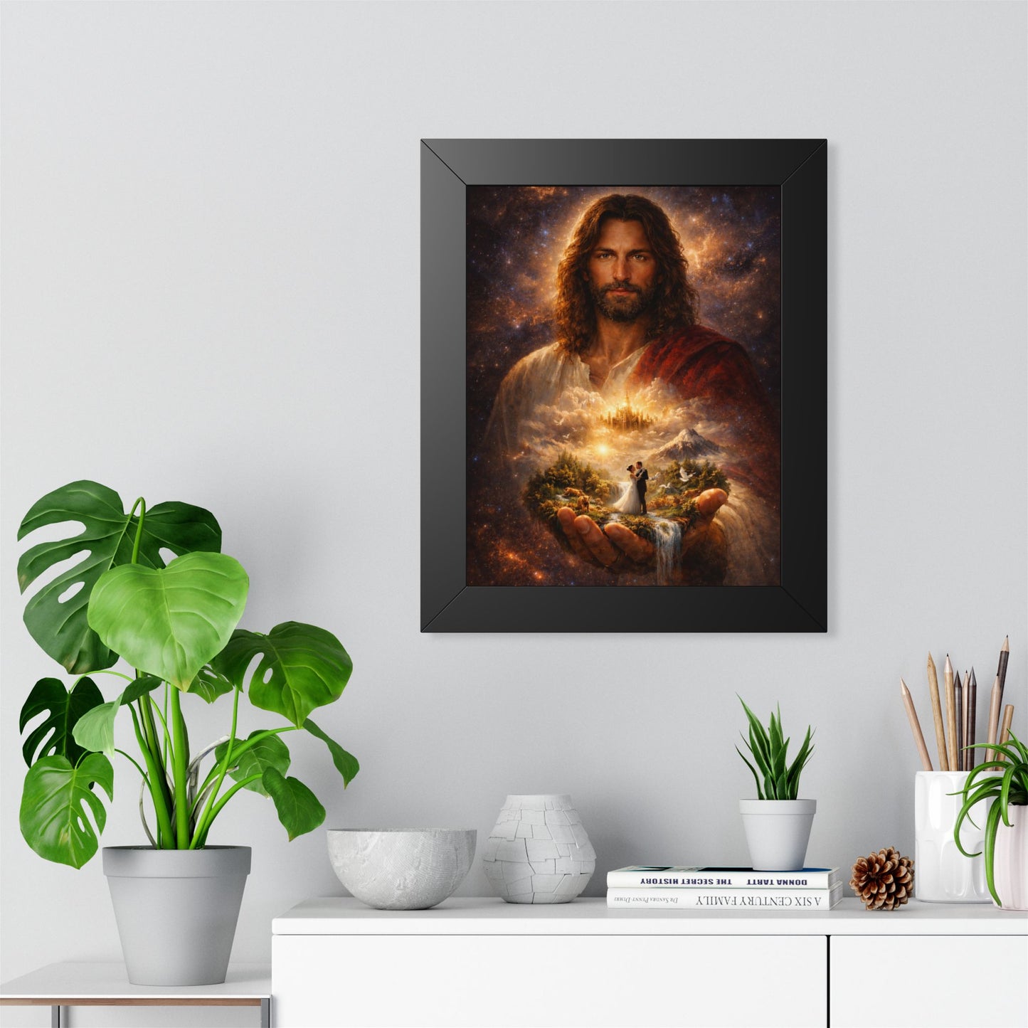 Framed Poster — Inspirational Jesus Portrait with ‘Bride & Grooms’ in Hands (Vertical)