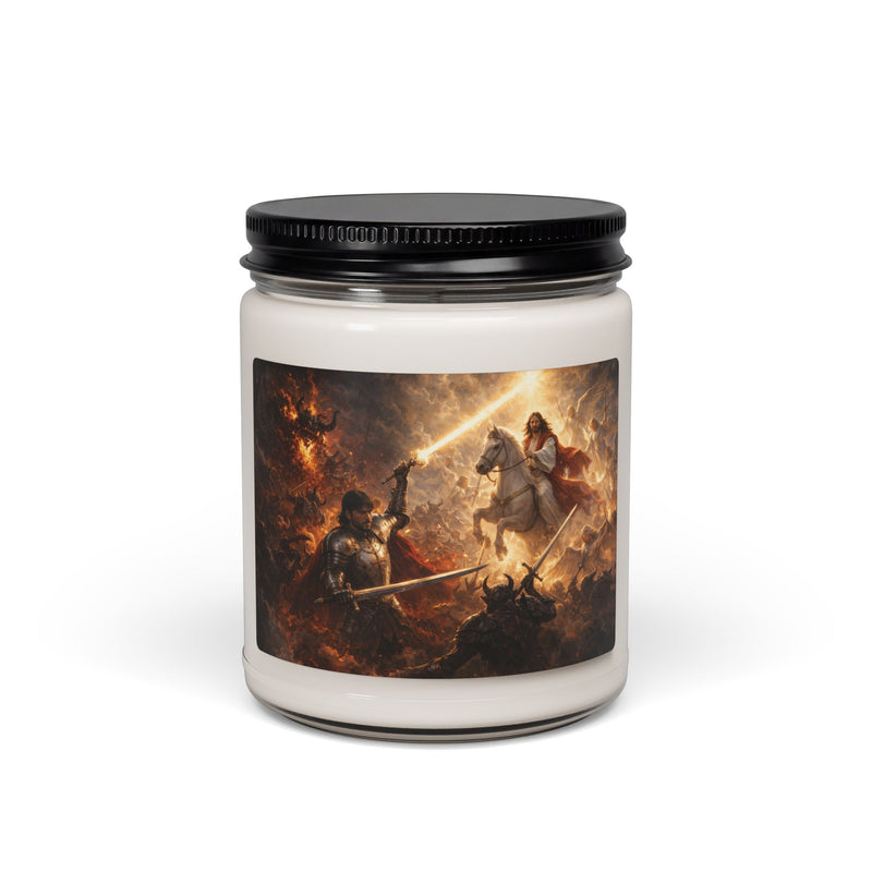Epic Battle Soy Candle — Medieval Knight & Jesus Horse War Art, 9oz Scented Jar