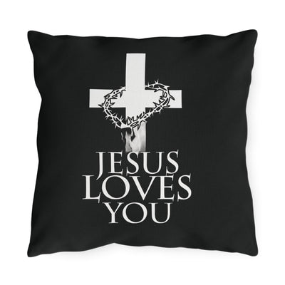 Christian Outdoor Pillow — 'Jesus Loves You' Cross & Crown of Thorns Accent Pillow