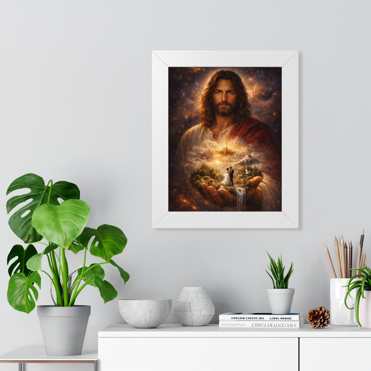 Framed Poster — Inspirational Jesus Portrait with ‘Bride & Grooms’ in Hands (Vertical)